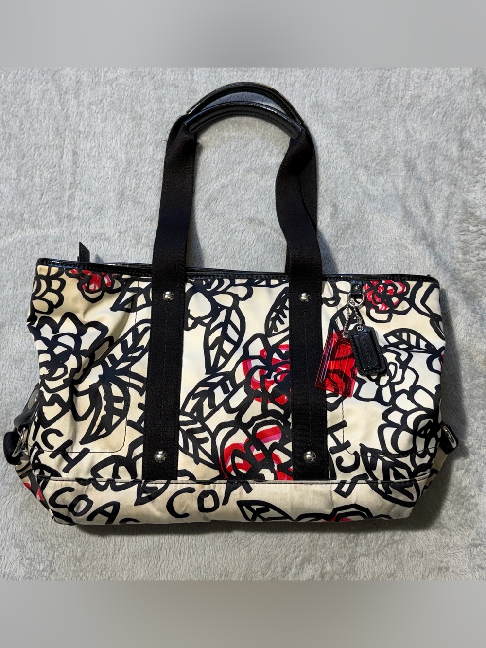 Coach Floral Graphic Canvas Tote in White and Black with Red Accents